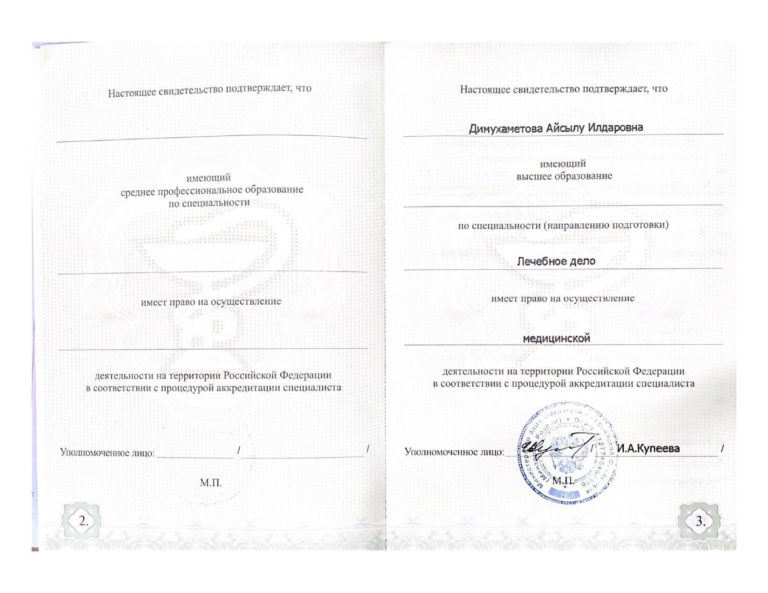 Димухаметова Айсылу Илдаровна - сертификат