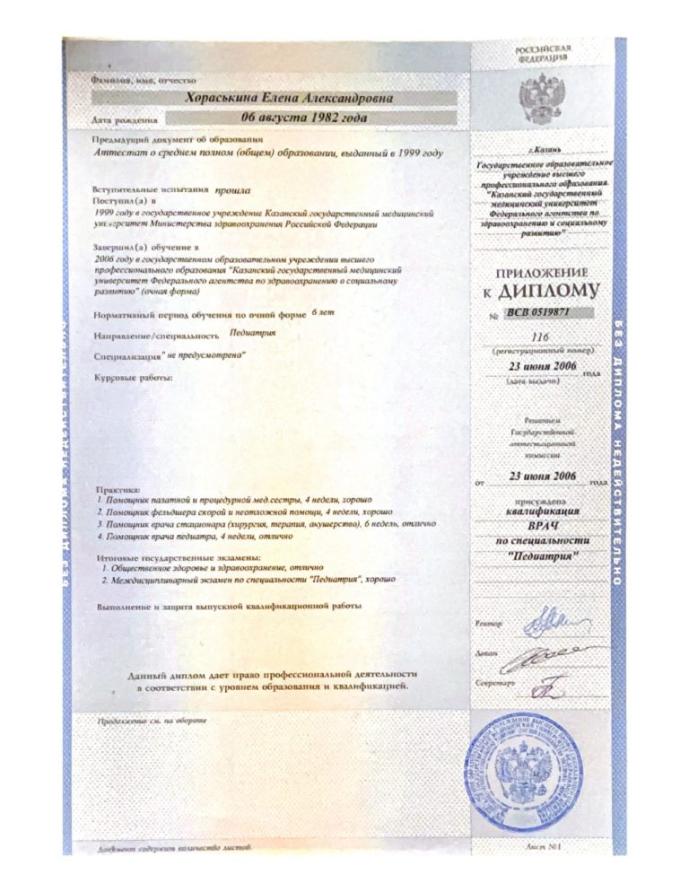 Хораськина Елена Александровна - сертификат
